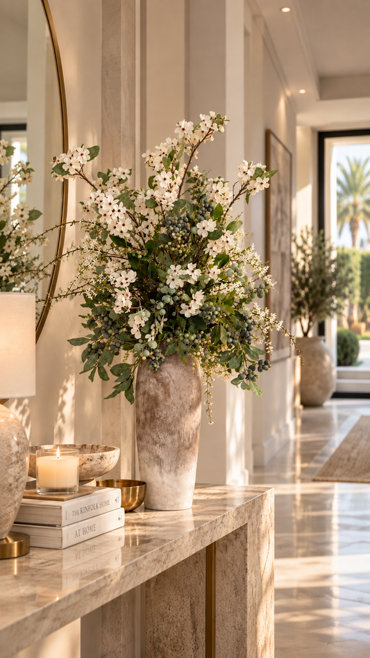Daphne floral arrangement displayed on a hallway console